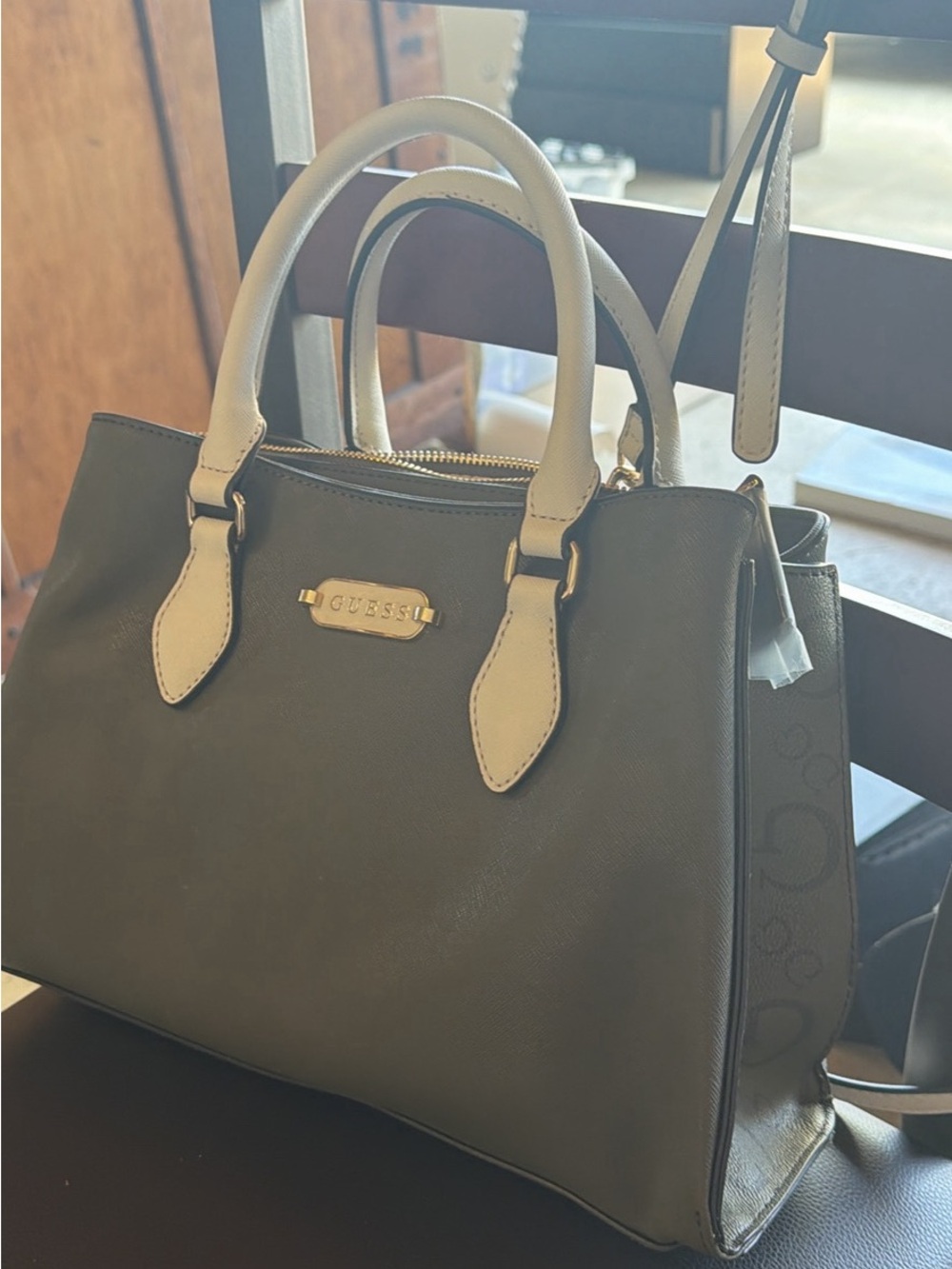 GUESS Olive Purse with Cream Handles and Gold Plaque